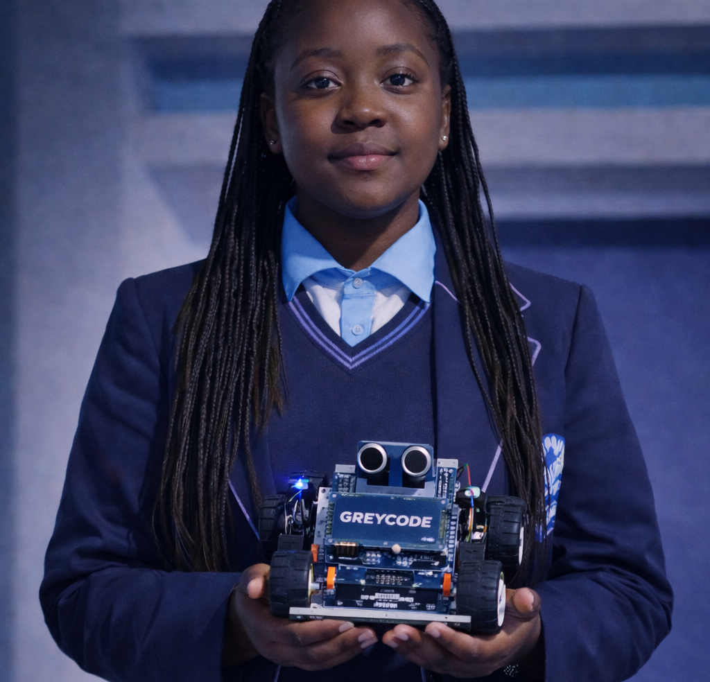 Student holding a robotics project